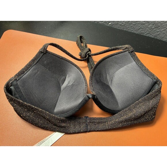PINK Victoria's Secret Bikini Top L/G Black Gold Shimmer Padded Halter Swim - Picture 2 of 4